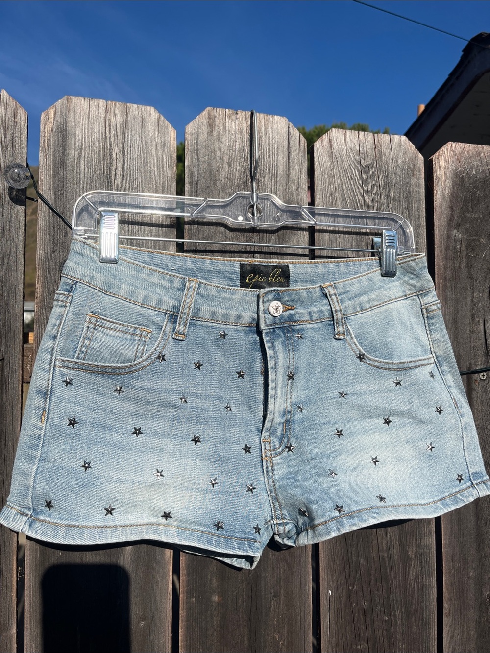 Light Wash Star-Embellished Denim Shorts - Light Blue